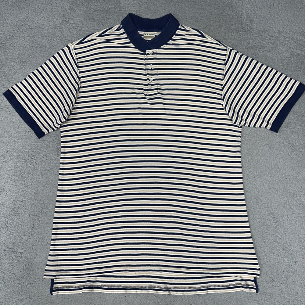 LL Bean Shirt Men's Sz XLT Tall Blue Beige White Striped Polo Golf Performance